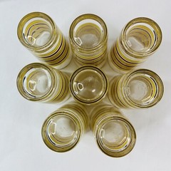 Set of 8 Vintage Tumblers Glasses Amber Glass Red Yellow Stripe
