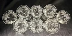 Set Of 8~Clear Glass Cordials~Etched Thistle~Flared Optic Bowl
