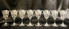 Set Of 8~Clear Glass Cordials~Etched Thistle~Flared Optic Bowl
