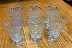 Set of 6 Vintage Cut Crystal Highball Tumblers Square Starburst Base Diamond Cut