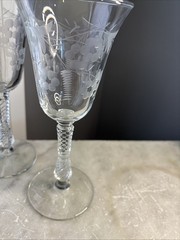 7- Vintage Wisteria Floral Vine Motif 8″ Tall Wine Glasses- Eleg. Twist Cut Stem