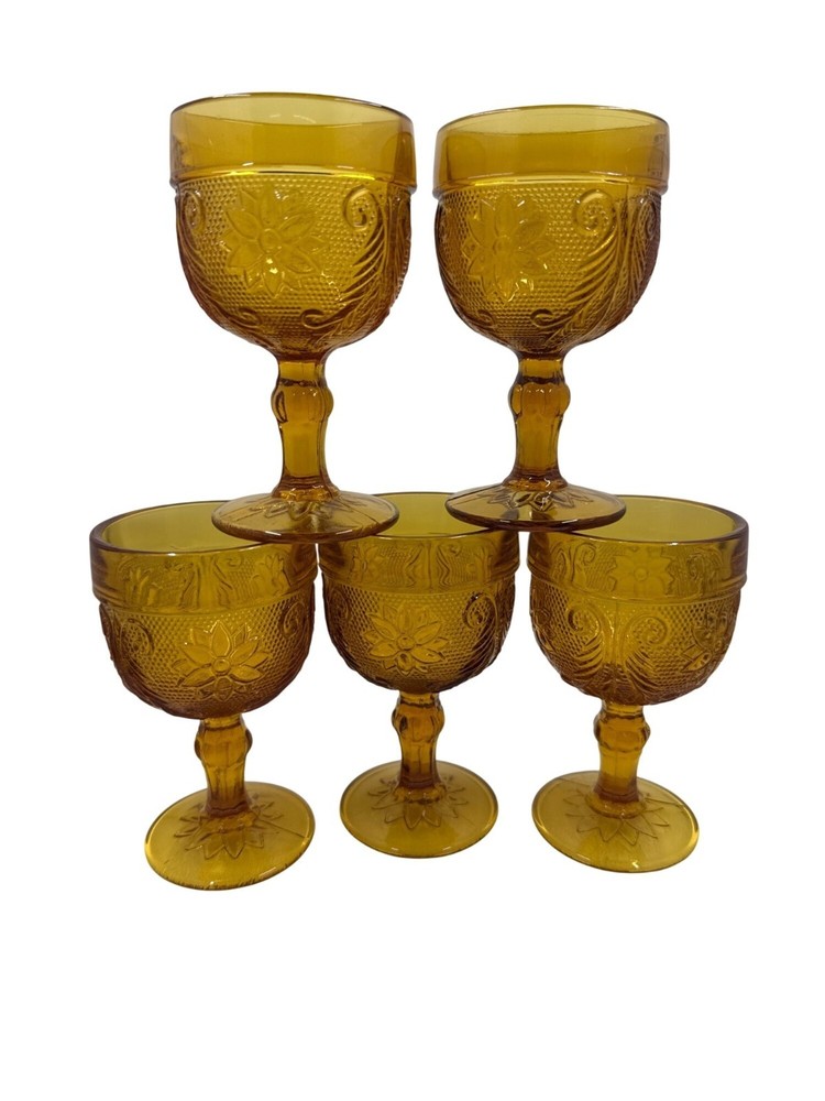 Amber Glass Goblets Floral Embossed Set Of 5 Vintage Style 4.5″ Height For Dinin