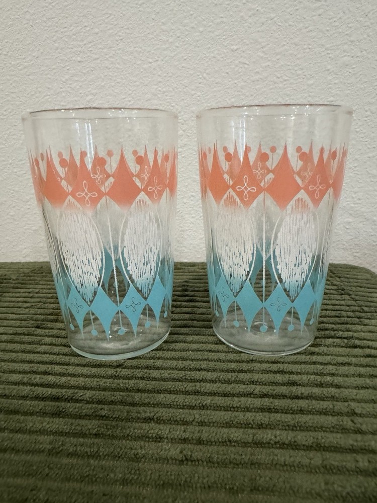 Anchor Hocking Atomic Glass Juice Tumbler Pink Turquoise Starburst MCM 3.75”