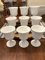 Set of 9 Indiana Glass Company milk glass goblet with Harvest Grapes pattern.