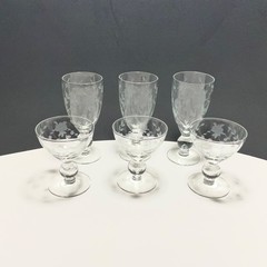 Set of 6 Clear Ball Stem Etched Floral (3) Wine 5.5” (3) Cocktail/Champagne 3.5”