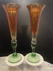 Rick Strini Art Glass Iridescent Swirl Gold To Green Stem Toasting Glass Pair