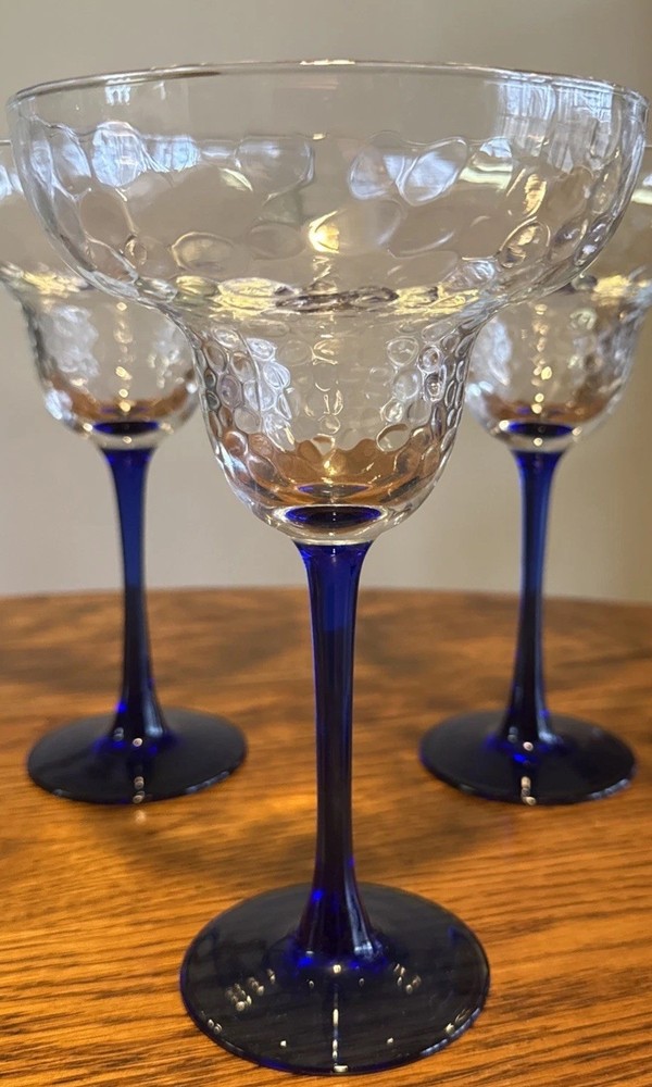 Margarita Glasses Clear with Cobalt Blue Stem Hammered Golf Ball Design Set Of 5