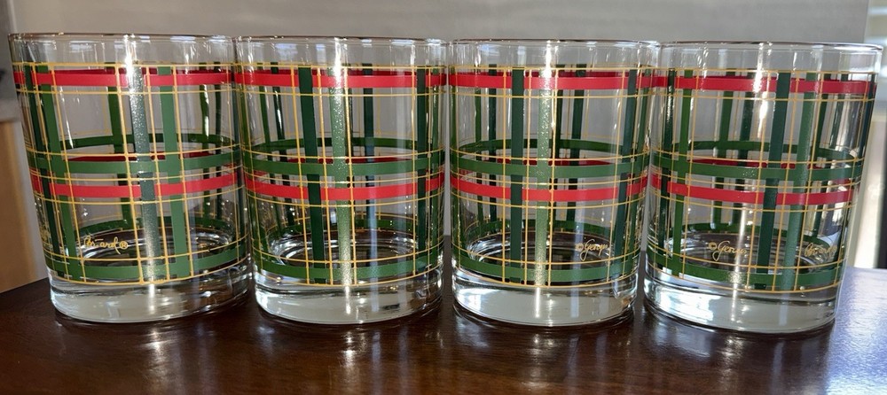 (4) Georges Briard Rocks Glasses Double Old Fashioned Red Green Gold Plaid 12oz