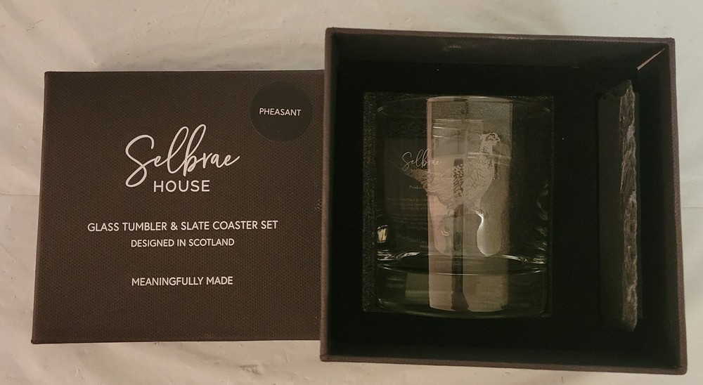 Selbrae House Pheasant Tumbler 11.5 Oz & Slate Coaster Gift Set BarWare Scotland