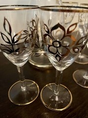 Vintage MCM Set Of 5 Crystal cordial glasses and Decanter W/ Gold Floral Trim