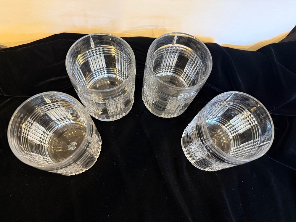 Ralph Lauren Crystal Glen Plaid 4” LowballGlasses Vertical Cut Top Set of 4 Read
