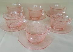 Very Rare Imperial Pink Depression Glass Etched Bel Aire 6 Cups & 6 Saucers Set