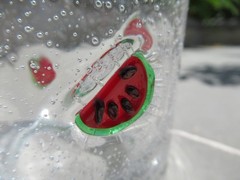 2 Tumblers w/Bubbles & Fused Watermelon Slices, Art Glass, 16 Oz Handmade