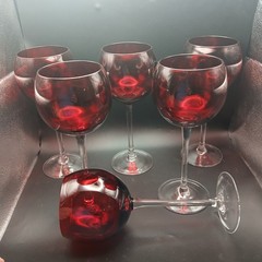 6 Ea. Lenox Holiday Gems Ruby Red Balloon Goblets With Clear Stem, 8 7/8″ Tall