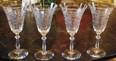 SENECA Antique Set 4 ETCHED CRYSTAL WATER GOBLET GLASSES Hand Blown OPTIC Floral