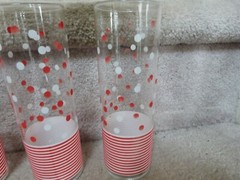 6 VINTAGE MCM Libbey Glass Tall Tom Collins Glasses Red White Dots Stripes 7″
