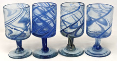 Vintage Mexican? Hand Blown Art Glass Blue Swirl Wine Water Goblets 4 Lot A24