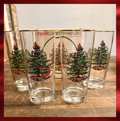 Vintage (4) Spode Highball Tumblers Glass Christmas Tree Pattern 22K Gold Trim