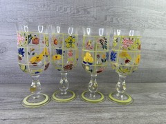 Vintage Hand-Painted Floral Grid Tall Stemmed Water Goblets Glasses Set of 4