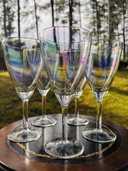 Five Beautifully Clear Iridescent Glasses For Wine, Juice Or Water Available.