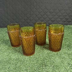 Vtg Amber Diamond Point Glass Tumblers Set of 4 Retro Mid Century 6” Cups Gothic