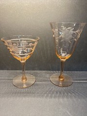 Rare Vtg Pink Depression Etched Optic Crystal 6 oz & 10 oz Glasses