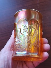 Pretty Marigold Northwood Carnival Glass Singing Birds Pattern Tumbler