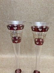 2 Pier 1 l’amour Hand BLOWN CHAMPAGNE Hollow stem flutes Cranberry/Gold Romania