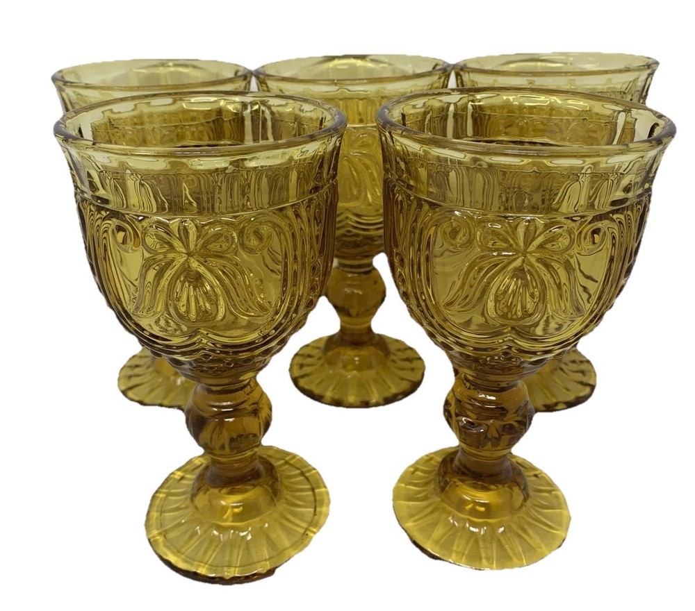 5 Vintage MCM Circle Glass Retro Embossed Stemmed Amber Wine Goblets Scalloped