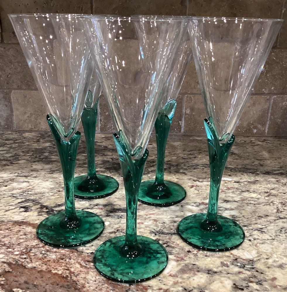 5 HTF MIKASA VOGUE WINE/CHAMPAGNE GOBLETS DEEP GREEN STEMS 8 1/8”T Look Unused