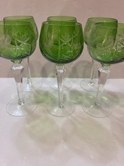 Six (6) Crystal Hock Wine Glass Green Cut-to-Clear Etched Grape 8.25″ Stems