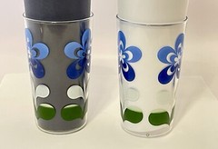 Vintage Anchor Hocking Glass MODERN FLOWER 1950 Tumblers Two Blue White 4.75″