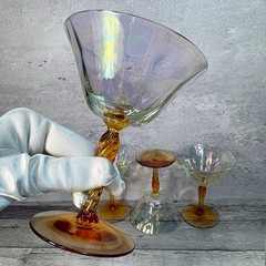 Vintage Set 4 Iridescent Martini Coupe Glasses Amber Twisted Stem Art