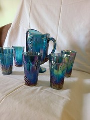 Indiana HARVEST GRAPE BLUE Carnival Glass iridescent PITCHER SET w/7 TUMBLERS