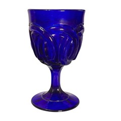 Vintage Set 5 Cobalt Blue Glass Double Ring Water Wine Goblets LG Wright 6″ Tall