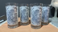 Currier & Ives Blue House Royal USA Stencil White Decal Drinking Glasses set of
