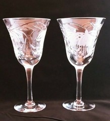 Royal Brierley Fuchsia Crystal Claret Wine Glasses Set of 2 Etched Floral