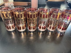 6 Vintage Culver Cranberry Gold Scroll MCM Highball Tumbler Glasses 12 oz Bar 22
