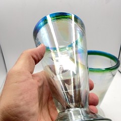 Three Hand Blown Stemware V-Shaped Glasses All Iridescent Green & Blue Band