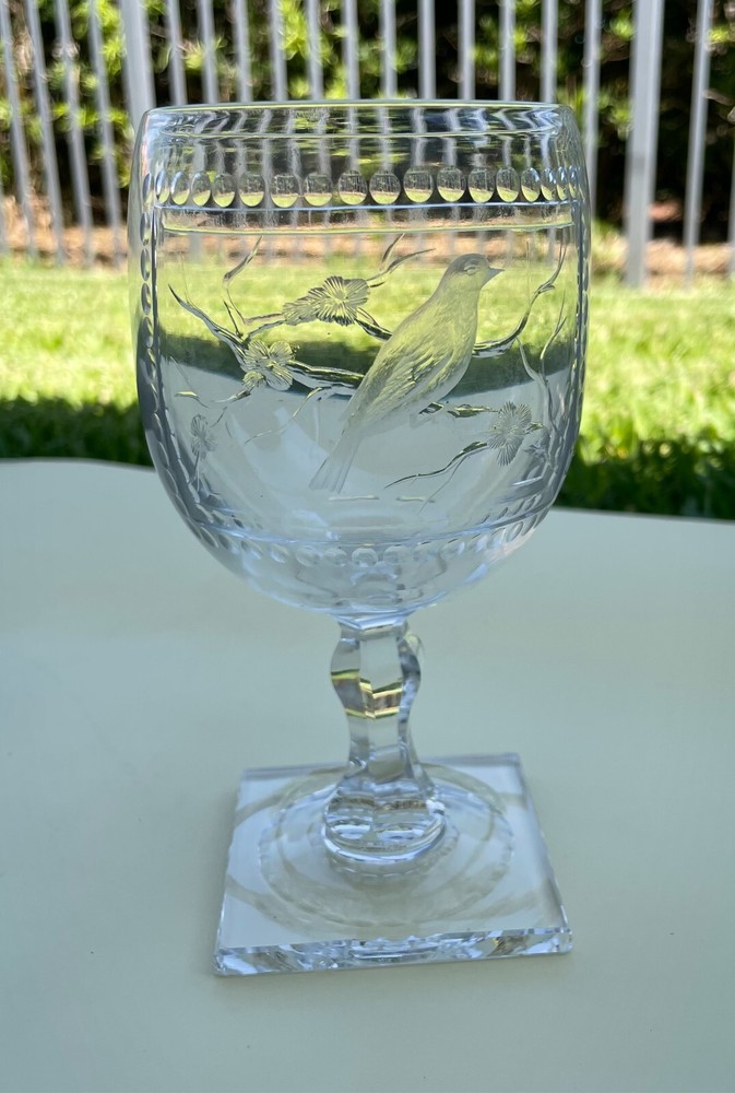 Thomas Webb Engraved Coal Tit Bird Crystal Drinking Glass Goblet ENGLAND