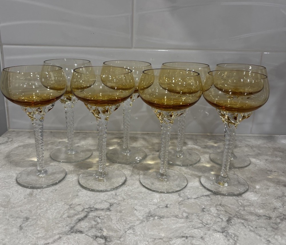 8 Vintage Bohemia Czech Glasses Swirl Stem Amber Goblet 5 1/2″ Cordial Star