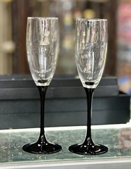 Set Of 2 Luminarc France «Domino Signature Black Stem» Champagne Flutes Glasses