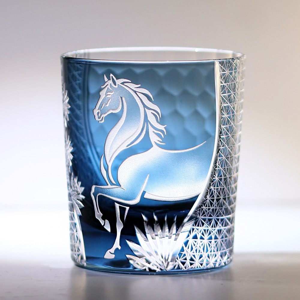 Chinese Horse Year 2026 New Design Tumbler Whiskey Glass Hand Cut Gift 9oz Blue