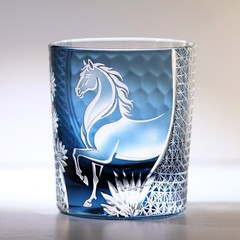 Chinese Horse Year 2026 New Design Tumbler Whiskey Glass Hand Cut Gift 9oz Blue