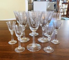 10 Vintage Fostoria Woodland Etched Crystal Wine Glasses/ Water Goblets 1920’s