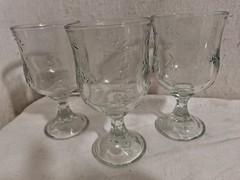 3 Anchor Hocking Goblets embossed Floral water/tea stem glasses