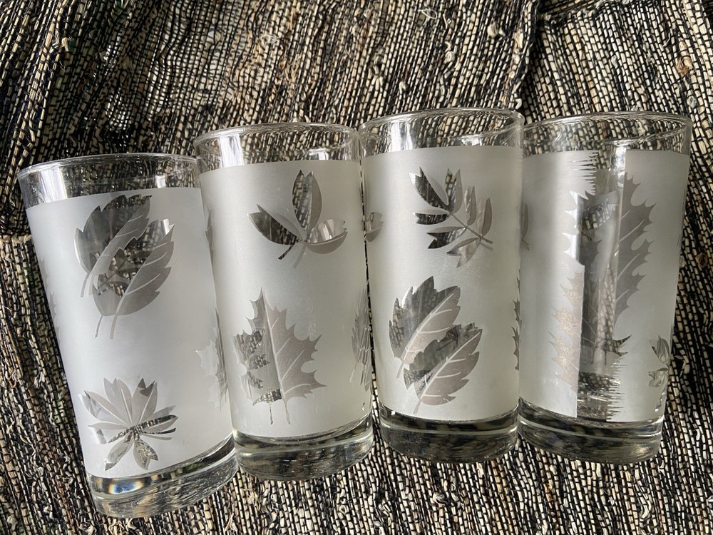 MCM Libbey Silver Leaf Frosted Tumbler Drinking Glasses Vintage 1950s – Set of 4