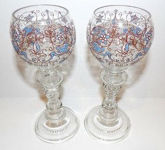 VINTAGE PAIR FRITZ HECKERT ART GLASS FACE BLUE BIRD ENAMEL 7 1/4″ WINE GLASSES
