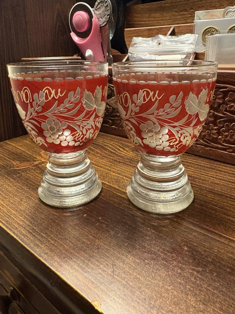 2 Antique Bohemian Engraved Red Cut To Clear Cordial/Shot Glasses