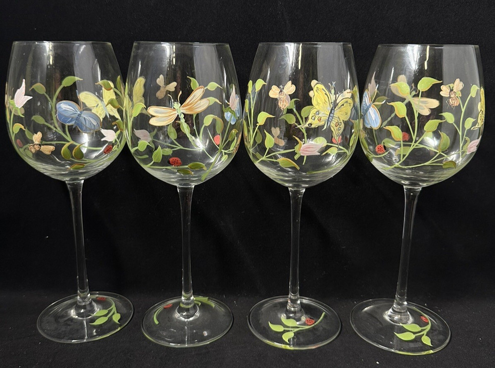 Lenox Butterfly Meadow Hand Painted Wine Glasses Ladybug Flowers Four (4) 9”